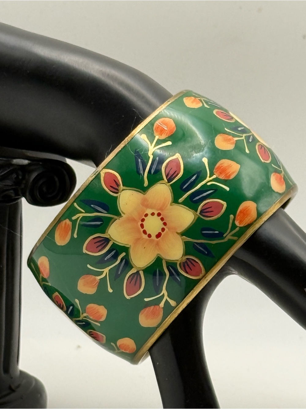 Vintage Green Enamel Floral Wide Bangle Bracelet Boho Chic Hand-Painted Brass